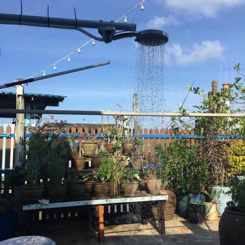 a garden with lots of potted plants and a sprinkler at Rub Lom Chom Klong Homestay in Chumphon