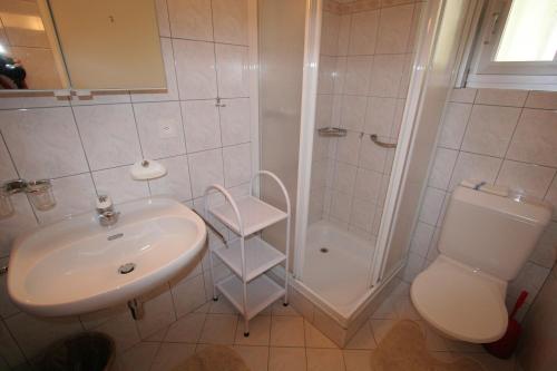 ein Bad mit einem Waschbecken, einer Dusche und einem WC in der Unterkunft Residenza Paradiso di Vacanze in Locarno