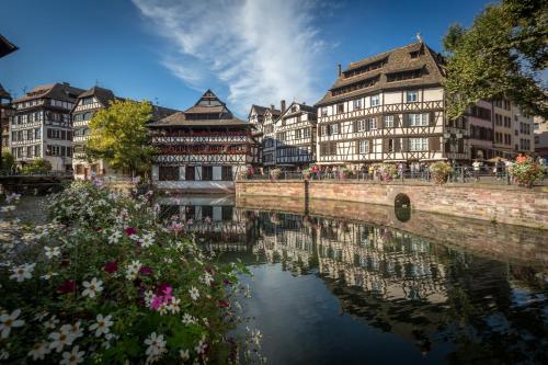 a group of buildings next to a river with flowers at hotelF1 Strasbourg Pont de l'Europe in Strasbourg