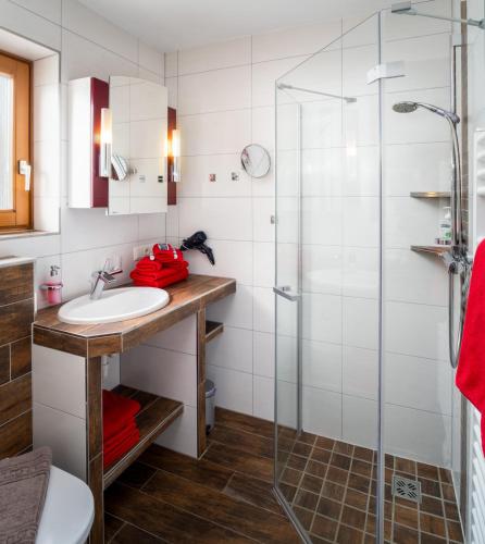 a bathroom with a sink and a shower at Ferienhaus Sonnenhang in Matrei in Osttirol