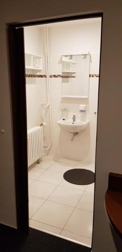 a small bathroom with a sink and a toilet at Pension & Restaurace Na Rychtě in Prague