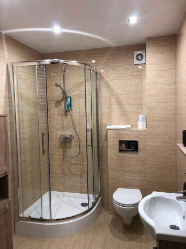 a bathroom with a shower and a toilet and a sink at Apartamenty ALICJA in Dzierżoniów