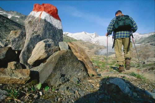 a man is walking on a mountain trail at Hotel Pfleger in Anras