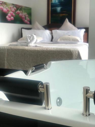 a bathroom counter with a sink in front of a bed at Hotel Santa Monica in Fusagasuga