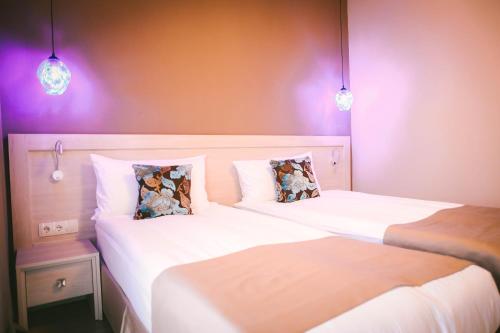 two beds in a room with purple lighting at Savaneti Eco Hotel in Tʼelavi