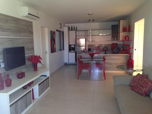 a kitchen and living room with a couch and a table at HOTEL CANARIUS DE GRAVATA - Flat in Gravatá