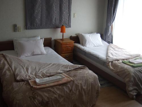 1 Schlafzimmer mit 2 Betten, einer Lampe und einem Fenster in der Unterkunft tomy&tetu in Kyoto
