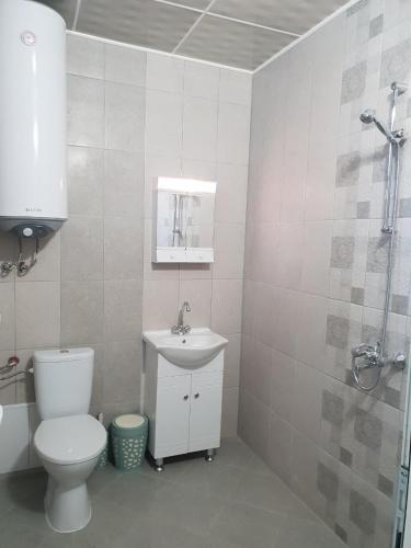 a bathroom with a toilet and a sink and a shower at Нощувки Шумен in Shumen