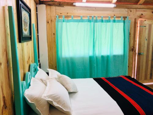 a bedroom with a bed with a blue curtain at Moon Nest in Dhoāpālong