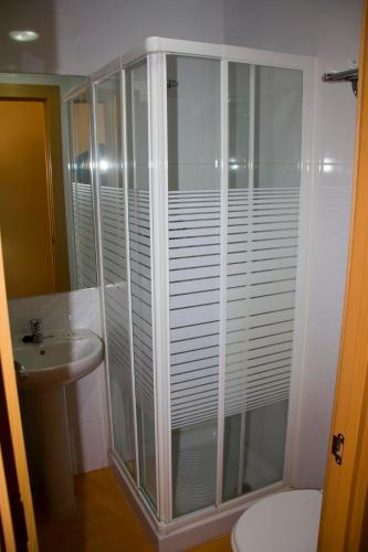 a bathroom with a shower and a toilet and a sink at Gala II in Soria