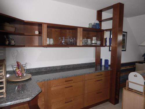 a kitchen with wooden cabinets and a counter top at Zum Elleblick in Frauenstein
