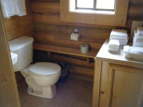 uma casa de banho com um WC, um lavatório e uma janela em Parade Rest Ranch em West Yellowstone
