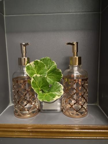 two glass bottles and a plant on a shelf at Sleep Soundly By The Sea in Trat