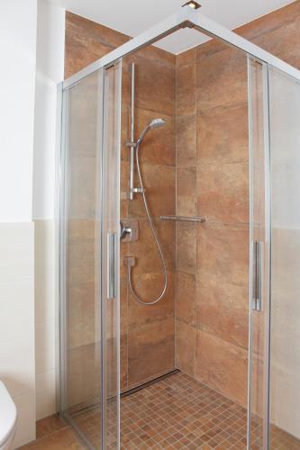 a shower with a glass enclosure in a bathroom at Appartementhaus Sky Lodge in Altenmarkt im Pongau