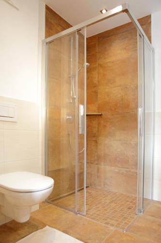 a shower stall in a bathroom with a toilet at Appartementhaus Sky Lodge in Altenmarkt im Pongau