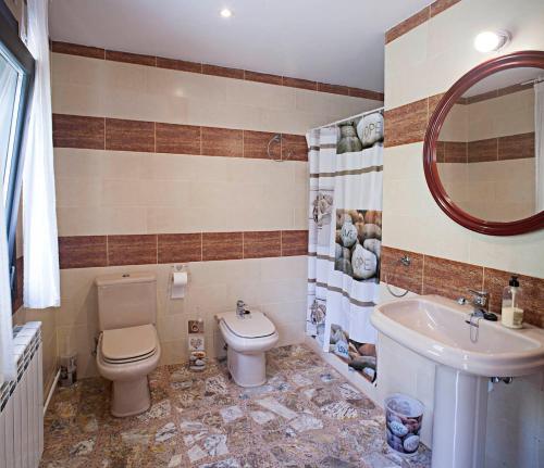 a bathroom with a toilet and a sink and a mirror at Casa rural la Era del Malaño in Nuévalos