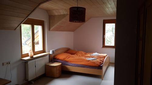 カンダーンにあるHaus Markgräflerlandの窓2つ付きの小さな部屋のベッド1台分です。