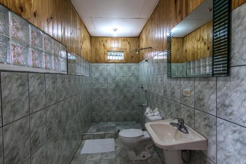 La salle de bains est pourvue de toilettes et d'un lavabo. dans l'établissement Hotel Don Taco, à Monteverde Costa Rica