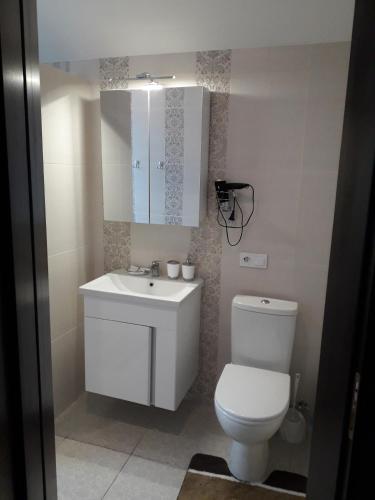 a bathroom with a white toilet and a sink at Villa Maria in Morshin