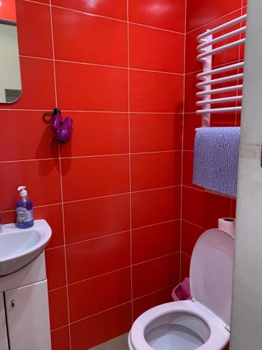 bagno rosso con servizi igienici e lavandino di 5Kotliarska Moisha House a Lviv