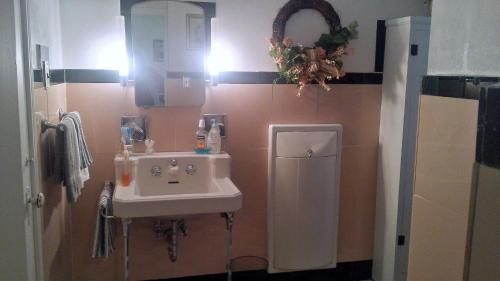 a bathroom with a sink and a small refrigerator at Maurrocks - A Pocono Mountains B&B in Mount Pocono