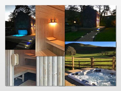 un collage de cuatro fotos de un jacuzzi en The Hand at Llanarmon, en Llanarmon Dyffryn-Ceiriog