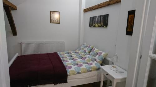 a small room with a bed and a table at Kisfaludy Sándor Apartman in Győr