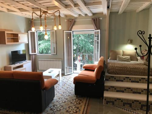 1 dormitorio con cama, sofá y TV en Charcos de Gredos en Arenas de San Pedro