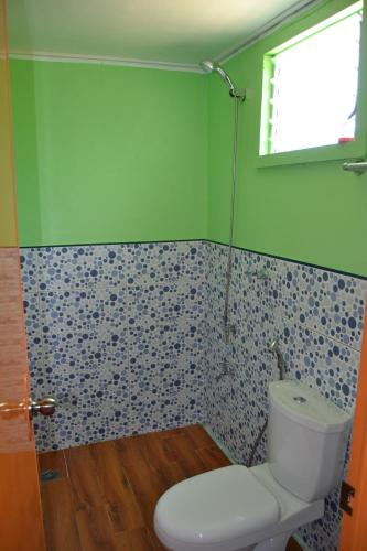 a bathroom with a toilet and a green wall at Jake and Zyra Place in San Vicente