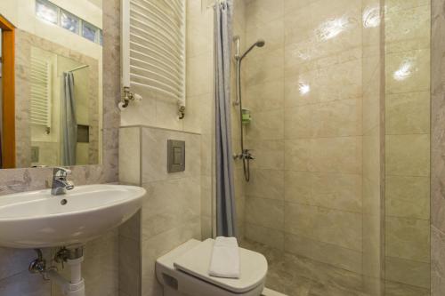 a bathroom with a sink and a toilet and a shower at Pokoje i Apartamenty Krupówki 36 in Zakopane