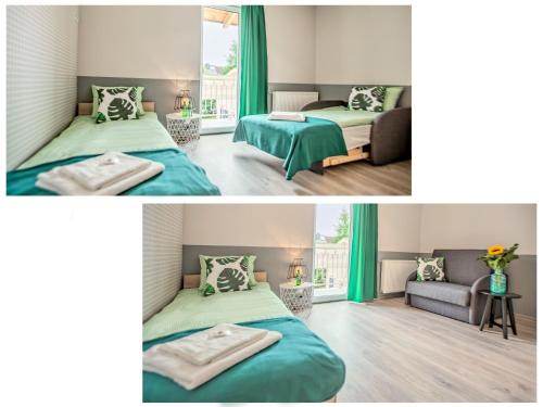 2 fotos de un dormitorio con 2 camas en Gościniec Przywidzki, en Przywidz