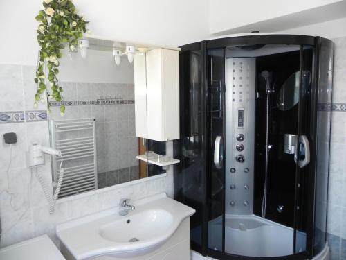 W łazience znajduje się umywalka i prysznic. w obiekcie Apartments Stošić w Rovinj