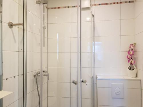 een douche met een glazen deur in de badkamer bij Hotel Alte Post in Bad Sooden-Allendorf