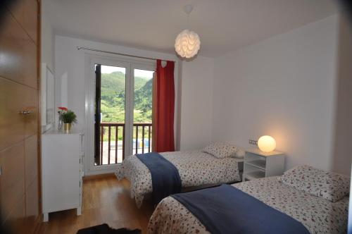 フォルミガルにあるApartamentos Tirolのベッド2台と窓が備わるホテルルームです。
