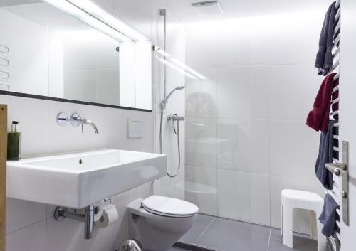 La salle de bains blanche est pourvue d'un lavabo et de toilettes. dans l'établissement Seesterne Comfort, à Constance