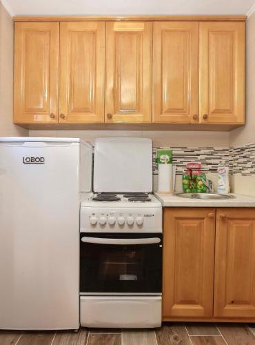 a kitchen with a white stove and a refrigerator at Lumber Apartments Kolašin in Kolašin