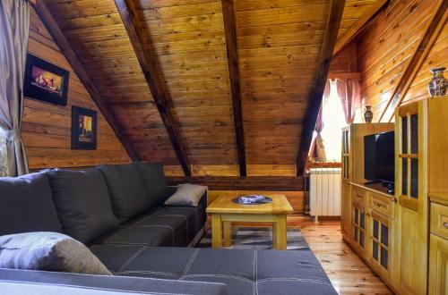 a living room with a couch and a tv at Lumber Apartments Kolašin in Kolašin