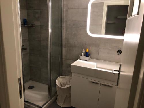 La salle de bains est pourvue d'une douche, d'un lavabo et d'un miroir. dans l'établissement Kleopatra Apartment in Acropolis, à Athènes
