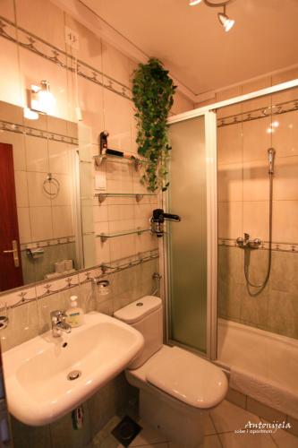 a bathroom with a toilet and a sink and a shower at Apartment & Rooms Antonijela in Bol