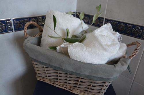 a basket with towels and a plant in it at "La casa di Mariagrazia" Appartamento 4 locali in Sammichele di Bari