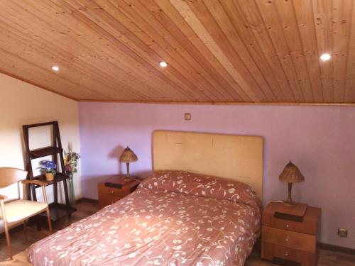 ein Schlafzimmer mit einem Bett und einer Holzdecke in der Unterkunft Cerro de la Garita in Concud