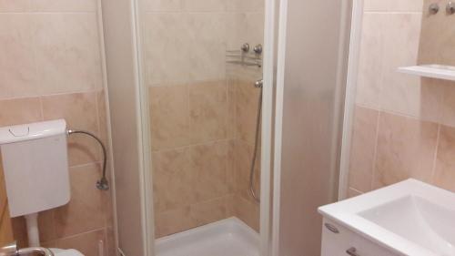 a bathroom with a shower and a toilet and a sink at Apartmani Luna in Novalja