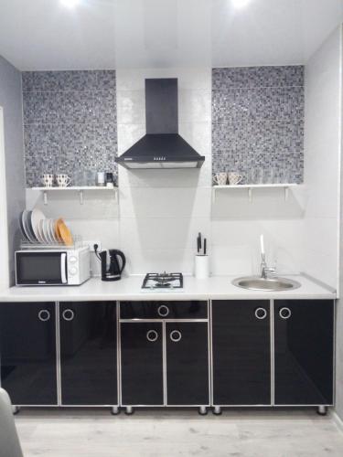 a kitchen with a sink and a microwave at Студия на Соборной 58 in Khmelʼnytsʼkyy