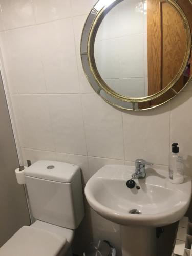 a bathroom with a toilet and a sink and a mirror at Casa-Apartamento Madera y Sol in Lubia