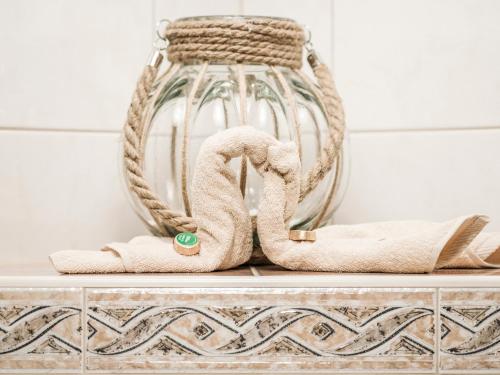 a glass jar with a rope around it on a shelf at Hanserhof in Zell am Ziller