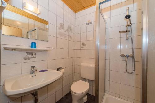 uma casa de banho com um WC, um lavatório e um chuveiro em Ferienwohnung Plozner em Rattendorf