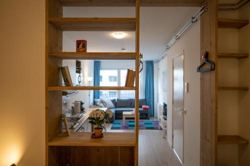 ファルケンブルグにあるDaelhemの木製の棚とリビングルームが備わる客室です。