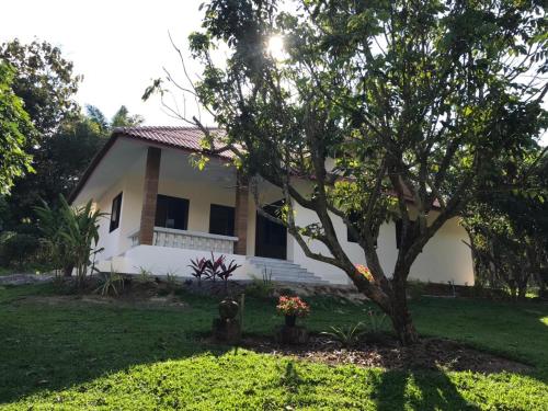 a white house with a tree in front of it at House of Garden in Chiang Rai