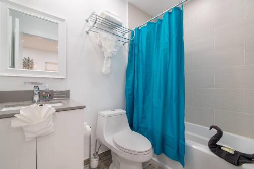 a bathroom with a toilet and a blue shower curtain at STYLISH 1 BEDROOM APT WITH A MASTER SUITE UNIT# 1 in Hollywood