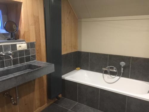 ein Badezimmer mit einer Badewanne und einem Waschbecken in der Unterkunft Luttelkolen in Holsbeek